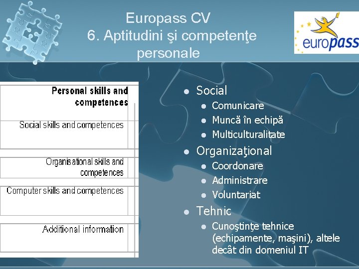 Europass CV 6. Aptitudini şi competenţe personale l Social l l Organizaţional l l