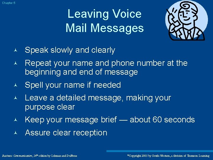 Chapter 5 Leaving Voice Mail Messages © Speak slowly and clearly © Repeat your