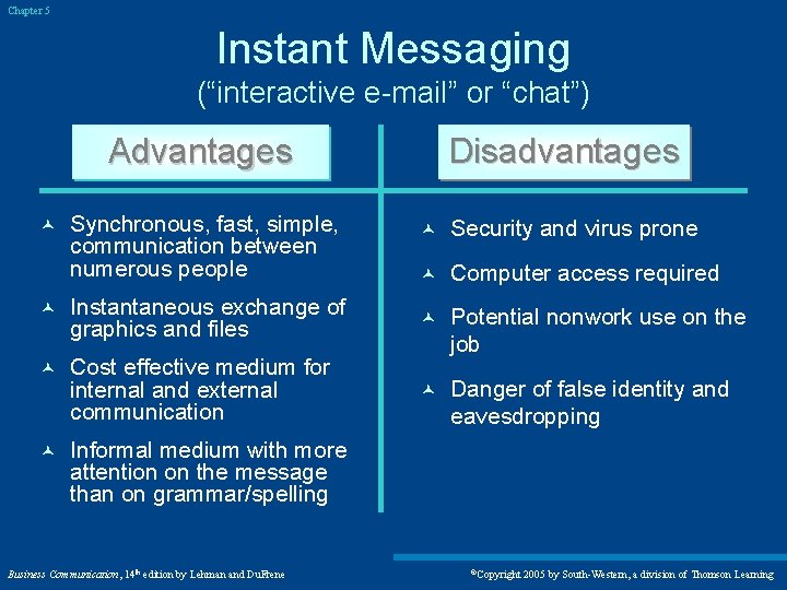 Chapter 5 Instant Messaging (“interactive e-mail” or “chat”) Disadvantages Advantages © Synchronous, fast, simple,