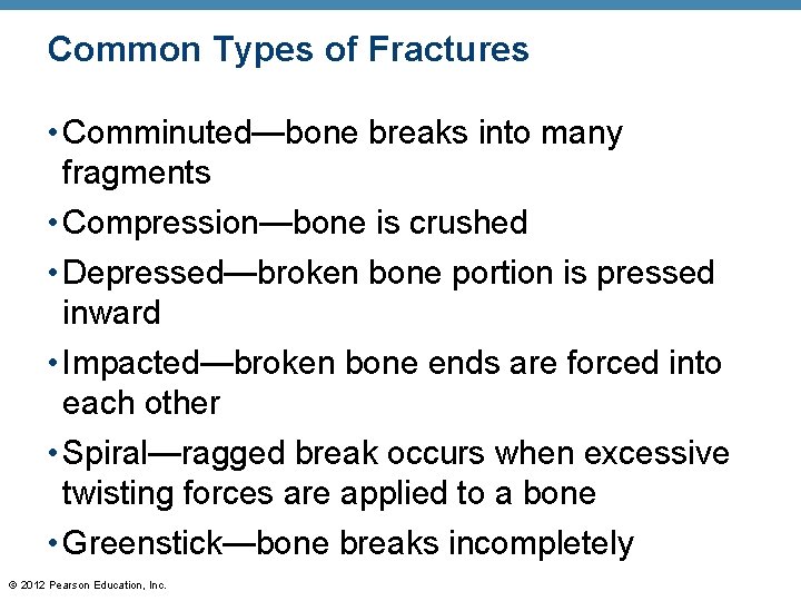 Common Types of Fractures • Comminuted—bone breaks into many fragments • Compression—bone is crushed