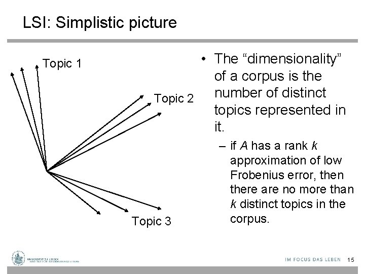LSI: Simplistic picture Topic 1 • The “dimensionality” of a corpus is the number