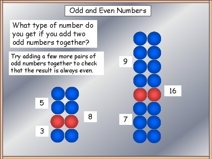 Odd and Even Numbers What type of number do Odd+Odd you get if you