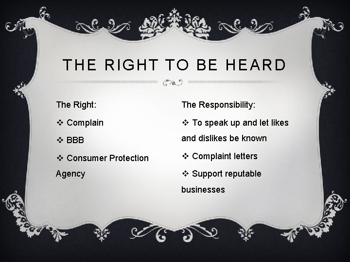 THE RIGHT TO BE HEARD The Right: The Responsibility: v Complain v To speak