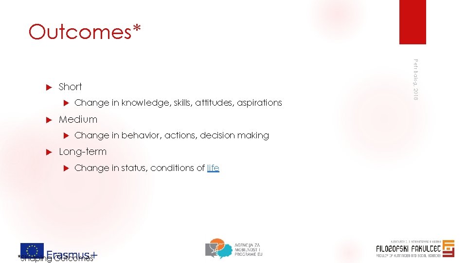 Outcomes* Short Medium Change in knowledge, skills, attitudes, aspirations Change in behavior, actions, decision