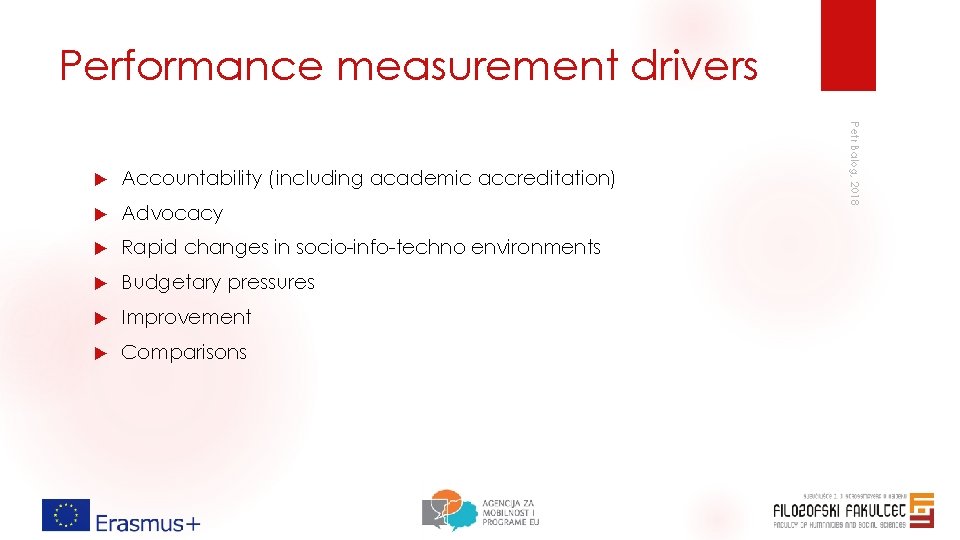 Performance measurement drivers Accountability (including academic accreditation) Advocacy Rapid changes in socio-info-techno environments Budgetary