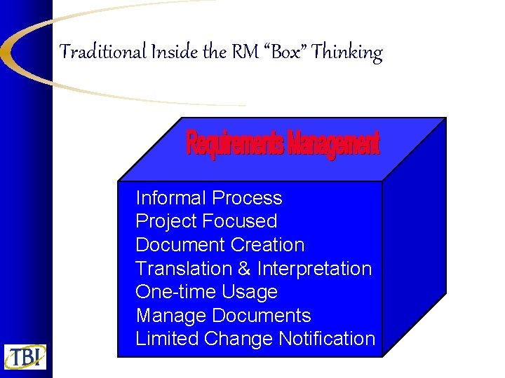 Traditional Inside the RM “Box” Thinking Informal Process Project Focused Document Creation Translation &