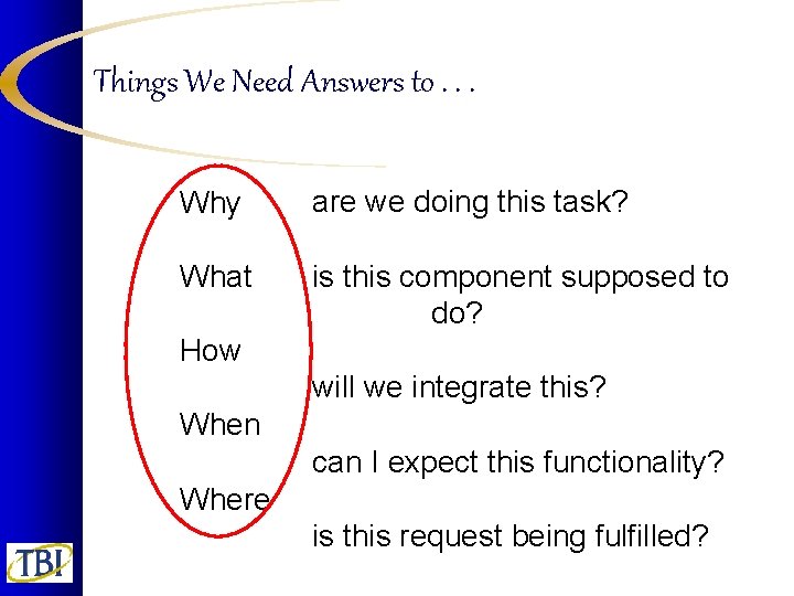 Things We Need Answers to. . . Why are we doing this task? What