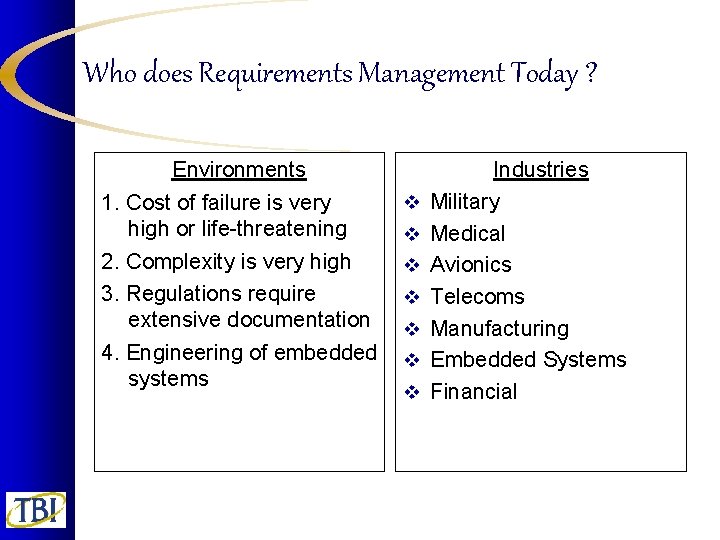 Who does Requirements Management Today ? Environments 1. Cost of failure is very high