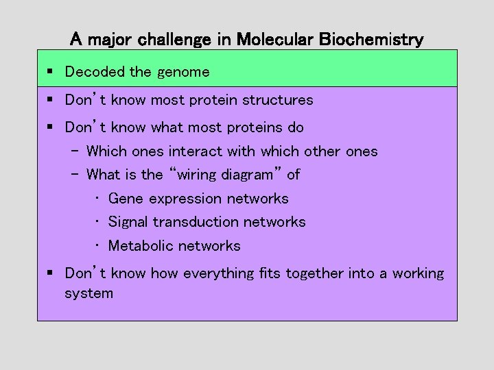 A major challenge in Molecular Biochemistry § Decoded the genome § Don’t know most A major challenge in Molecular Biochemistry § Decoded the genome § Don’t know most
