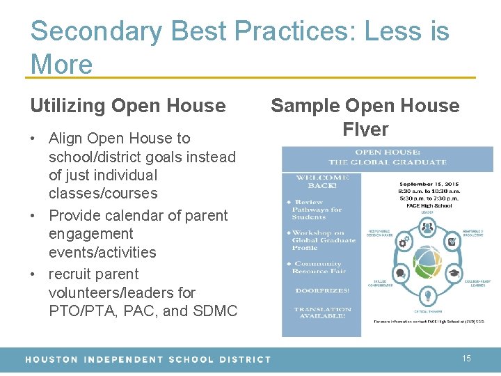 Secondary Best Practices: Less is More Utilizing Open House • Align Open House to