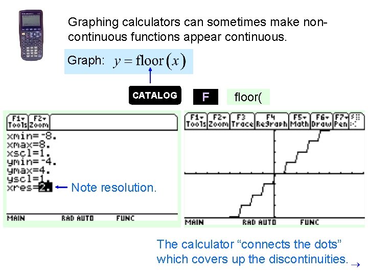 Graphing calculators can sometimes make noncontinuous functions appear continuous. Graph: CATALOG Note resolution. F