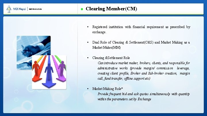 PRESENTATION Clearing Member(CM) • Registered institution with financial requirement as prescribed by exchange. •