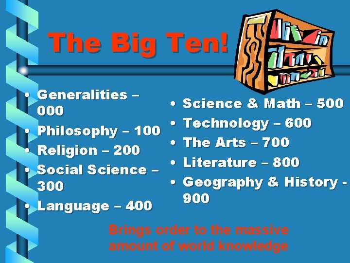 The Big Ten! • Generalities – 000 • Philosophy – 100 • Religion –
