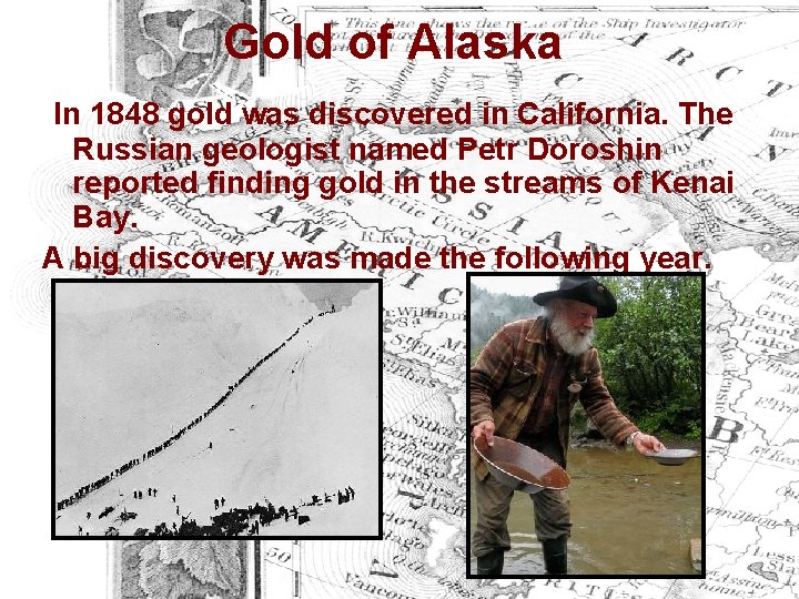 Gold of Alaska In 1848 gold was discovered in California. The Russian geologist named