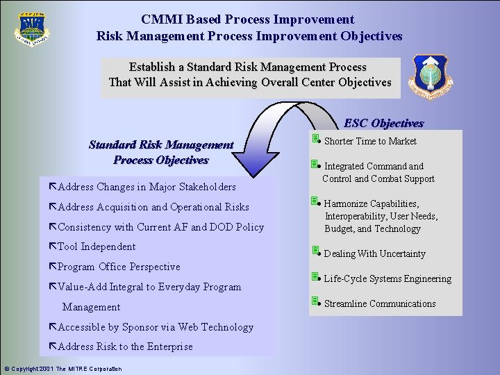 CMMI Based Process Improvement Risk Management Process Improvement Objectives Establish a Standard Risk Management