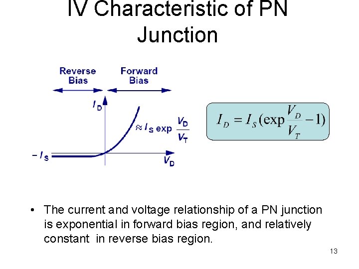 IV Characteristic of PN Junction • The current and voltage relationship of a PN