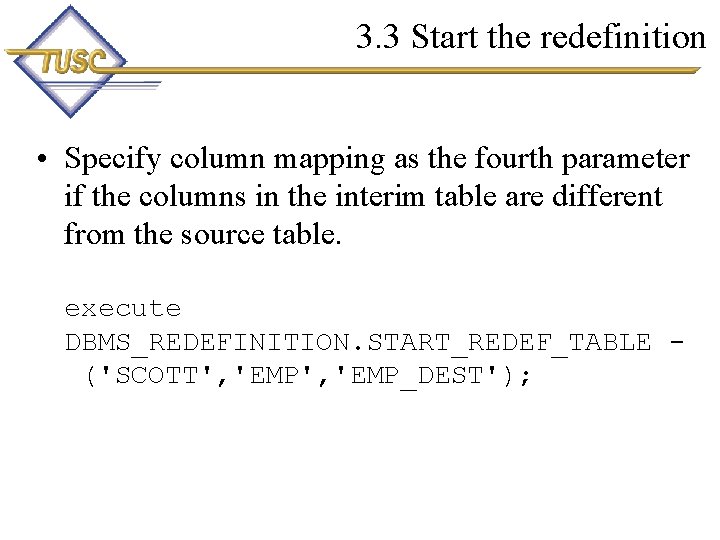 3. 3 Start the redefinition • Specify column mapping as the fourth parameter if