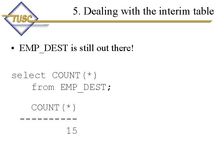 5. Dealing with the interim table • EMP_DEST is still out there! select COUNT(*)