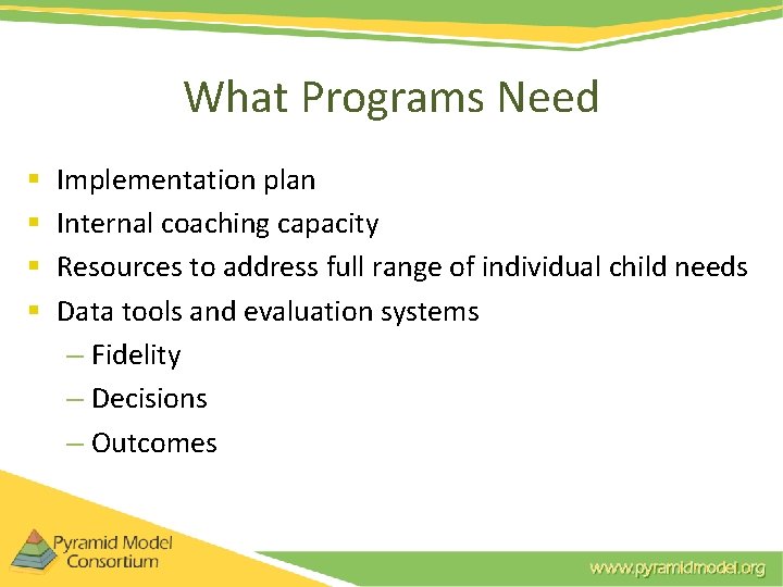 What Programs Need § § Implementation plan Internal coaching capacity Resources to address full What Programs Need § § Implementation plan Internal coaching capacity Resources to address full
