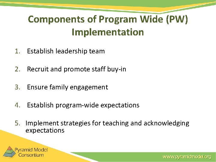 Components of Program Wide (PW) Implementation 1. Establish leadership team 2. Recruit and promote Components of Program Wide (PW) Implementation 1. Establish leadership team 2. Recruit and promote