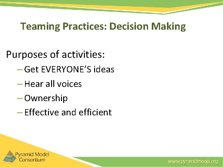 Teaming Practices: Decision Making Purposes of activities: – Get EVERYONE’S ideas – Hear all Teaming Practices: Decision Making Purposes of activities: – Get EVERYONE’S ideas – Hear all