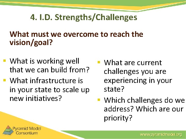 4. I. D. Strengths/Challenges What must we overcome to reach the vision/goal? § What 4. I. D. Strengths/Challenges What must we overcome to reach the vision/goal? § What