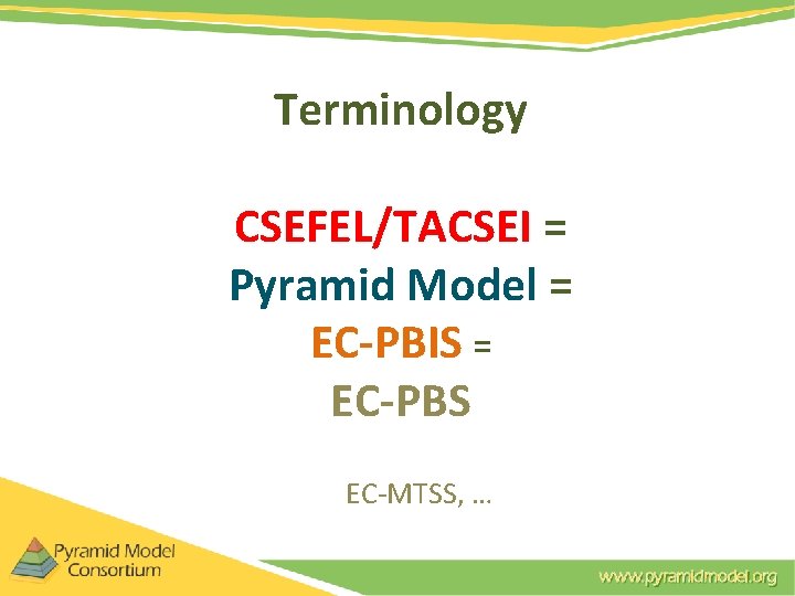 Terminology CSEFEL/TACSEI = Pyramid Model = EC-PBIS = EC-PBS EC-MTSS, … Terminology CSEFEL/TACSEI = Pyramid Model = EC-PBIS = EC-PBS EC-MTSS, …