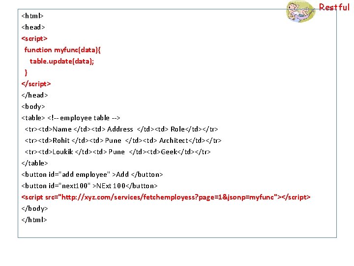 <html> <head> <script> function myfunc(data){ table. update(data); } </script> </head> <body> <table> <!-- employee