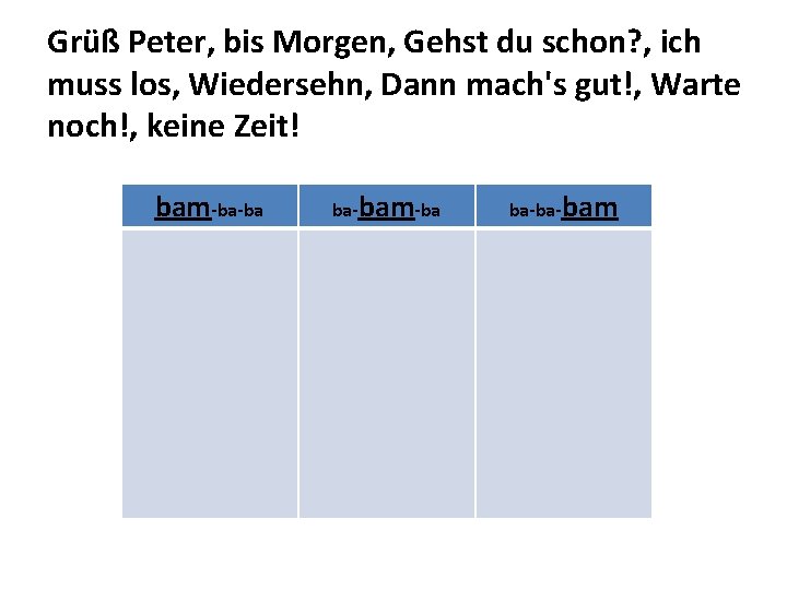 Grüß Peter, bis Morgen, Gehst du schon? , ich muss los, Wiedersehn, Dann mach's