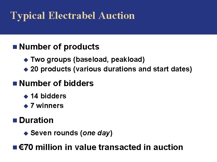 Typical Electrabel Auction n Number of products Two groups (baseload, peakload) u 20 products