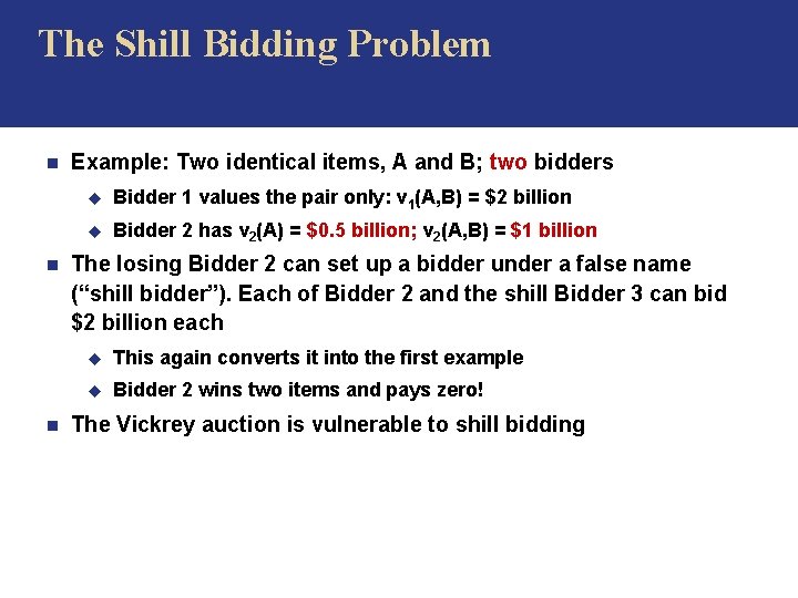  The Shill Bidding Problem n n n Example: Two identical items, A and