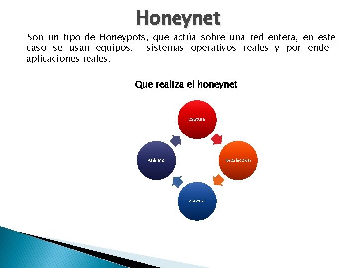 Honeynet Son un tipo de Honeypots, que actúa sobre una red entera, en este