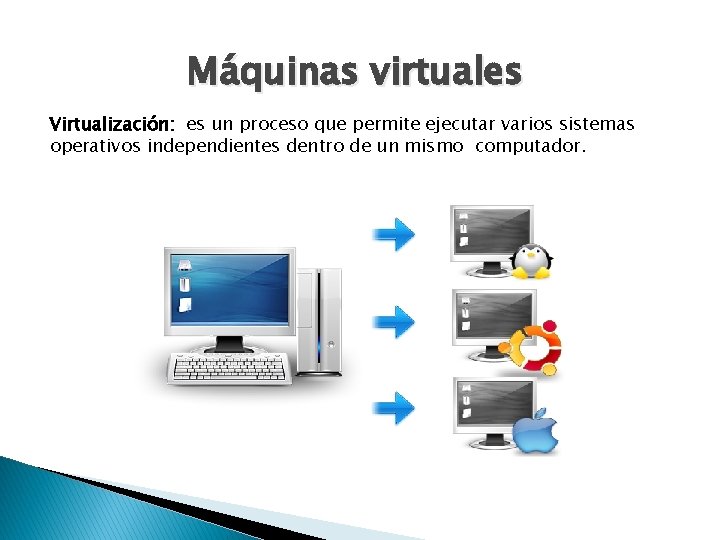  Máquinas virtuales Virtualización: es un proceso que permite ejecutar varios sistemas operativos independientes