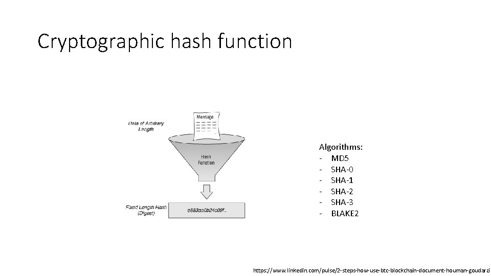 Cryptographic hash function Algorithms: - MD 5 - SHA-0 - SHA-1 - SHA-2 -