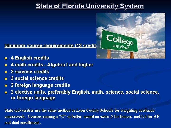 State of Florida University System Minimum course requirements (18 credits): n n n 4