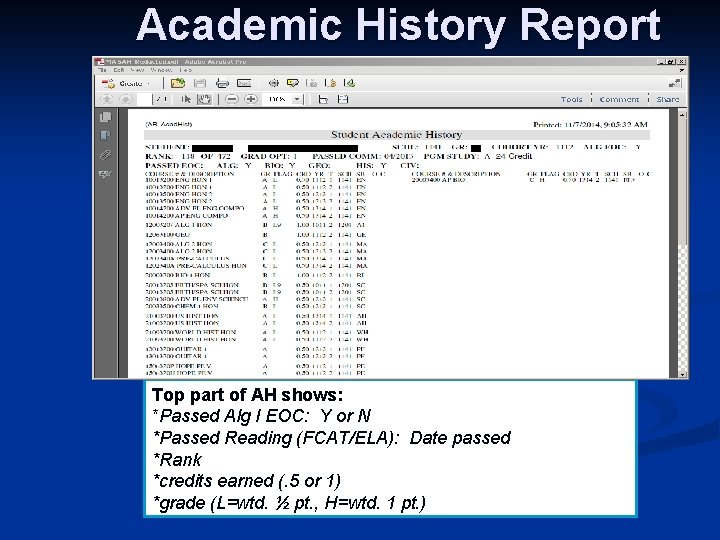 Academic History Report Top part of AH shows: *Passed Alg I EOC: Y or