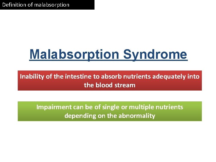 Definition of malabsorption Malabsorption Syndrome Inability of the intestine to absorb nutrients adequately into