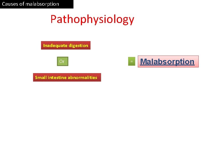 Causes of malabsorption Pathophysiology Inadequate digestion Or Small intestine abnormalities = Malabsorption 