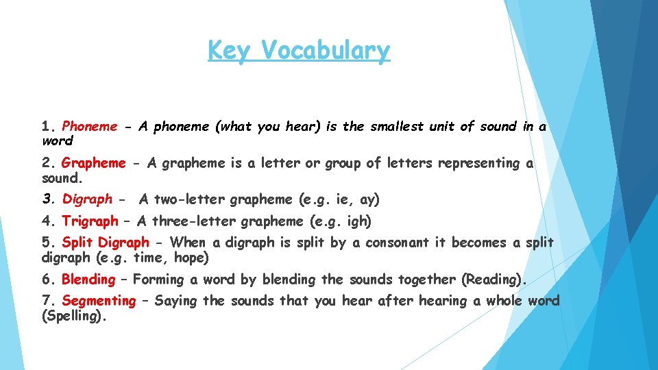 Key Vocabulary 1. Phoneme - A phoneme (what you hear) is the smallest unit