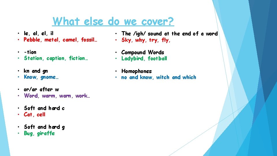 What else do we cover? • le, al, el, il • Pebble, metal, camel,