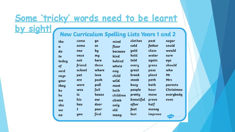 Some ‘tricky’ words need to be learnt by sight! 
