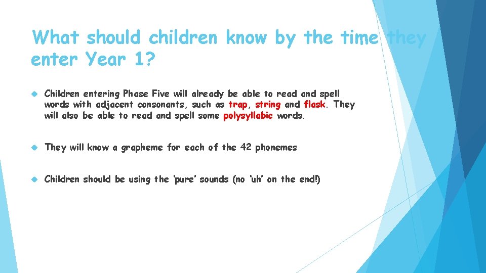 What should children know by the time they enter Year 1? Children entering Phase