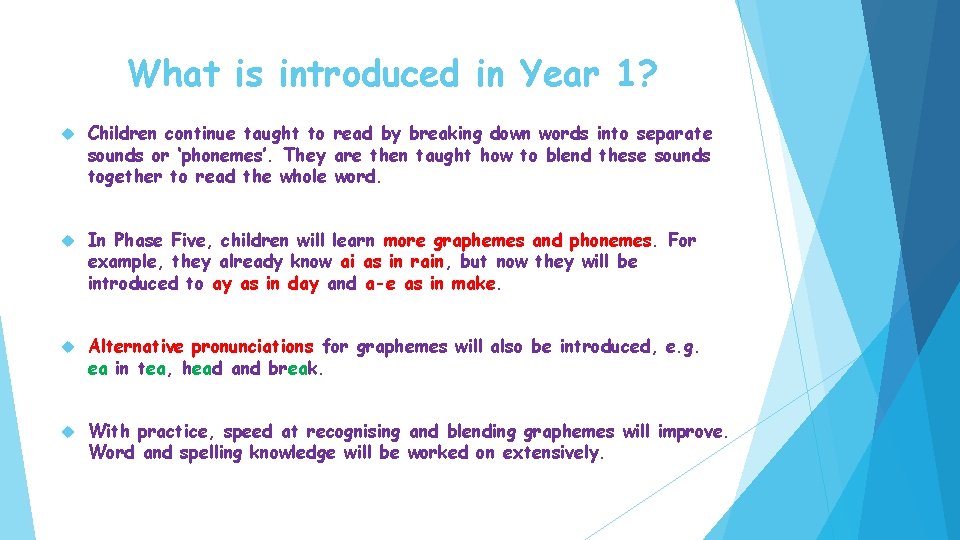 What is introduced in Year 1? Children continue taught to read by breaking down