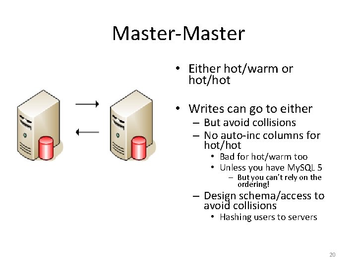 Master-Master • Either hot/warm or hot/hot • Writes can go to either – But