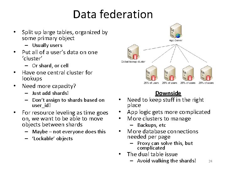 Data federation • Split up large tables, organized by some primary object – Usually