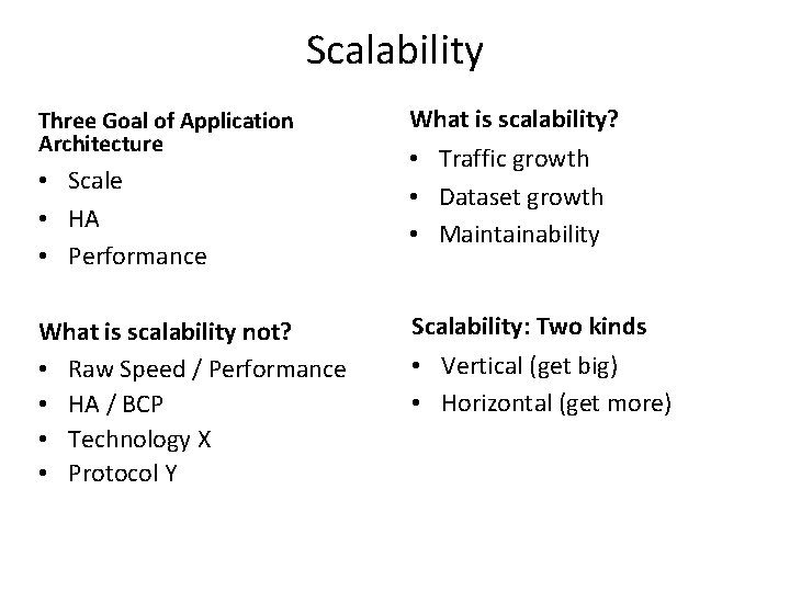 Scalability Three Goal of Application Architecture • Scale • HA • Performance What is