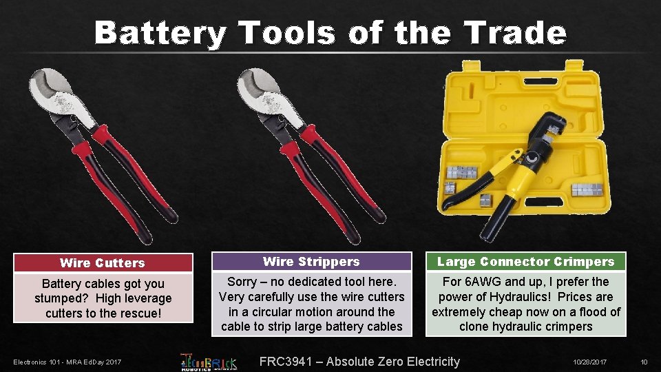 Battery Tools of the Trade Wire Cutters Wire Strippers Large Connector Crimpers Battery cables