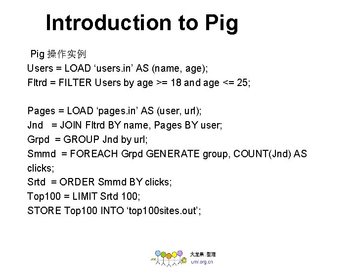  Introduction to Pig 操作实例 Users = LOAD ‘users. in’ AS (name, age); Fltrd