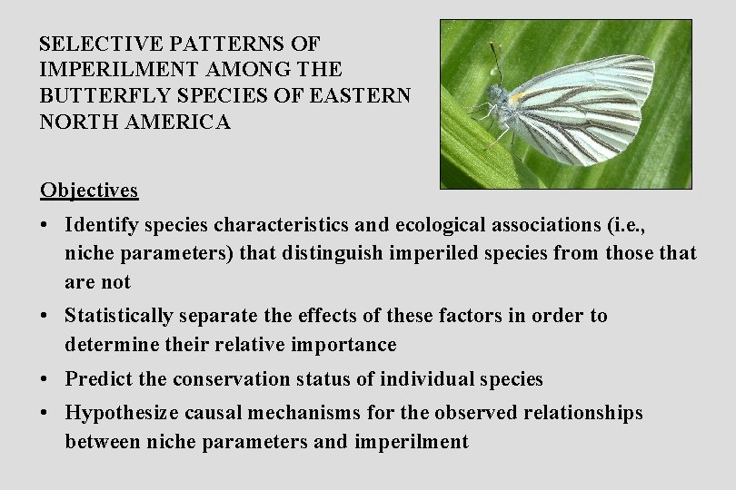 SELECTIVE PATTERNS OF IMPERILMENT AMONG THE BUTTERFLY SPECIES OF EASTERN NORTH AMERICA Objectives •