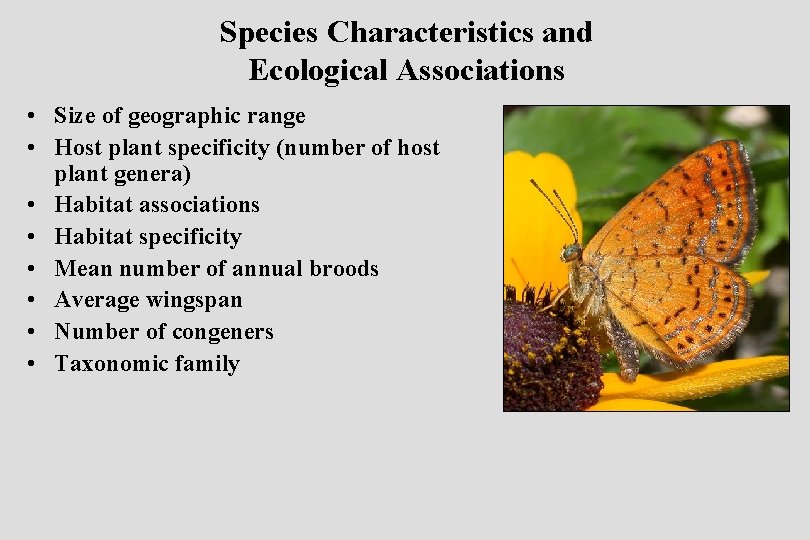 Species Characteristics and Ecological Associations • Size of geographic range • Host plant specificity